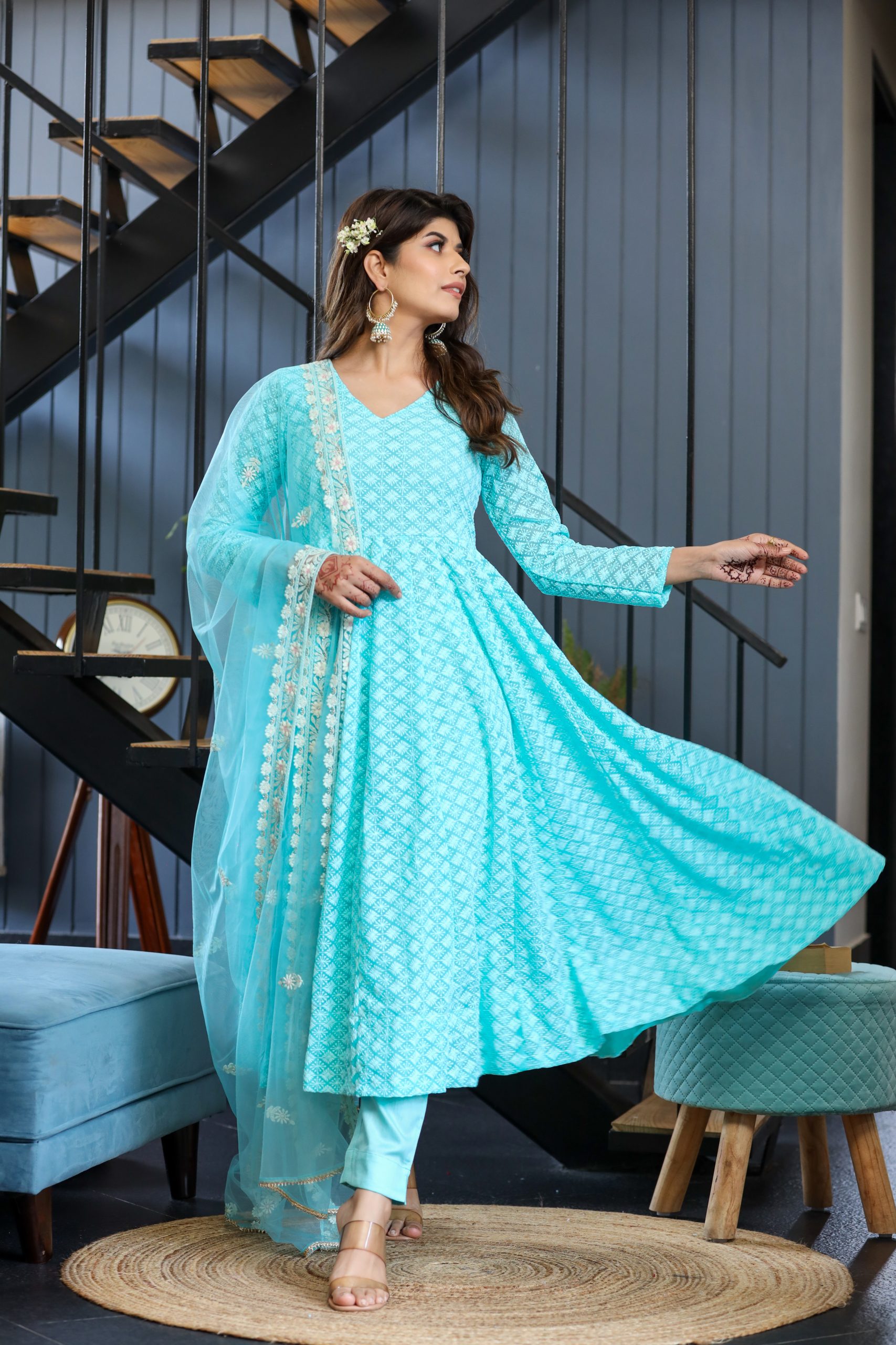 Aqua Blue Anarkali Suit Set with Embroidered Net Dupatta – Wedding & Festive Wear