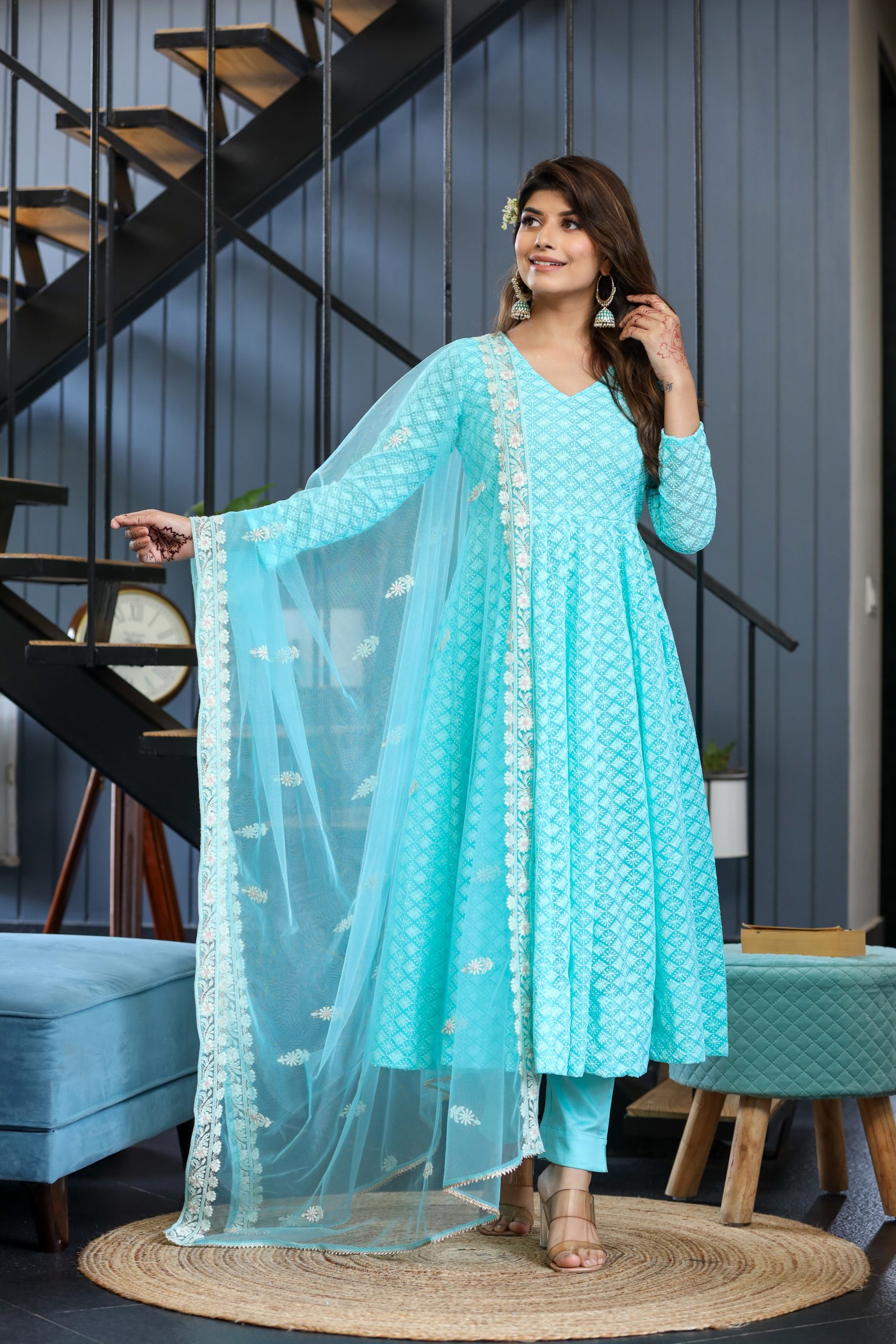 Aqua Blue Flared Anarkali Suit Set with Embroidered Net Dupatta - Image 2