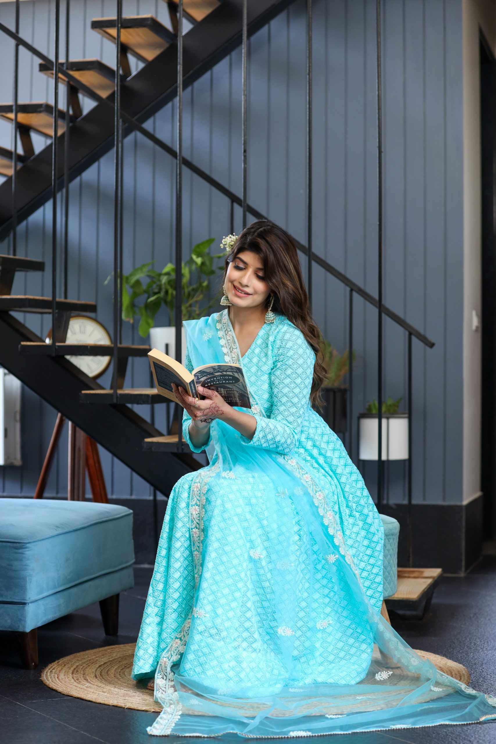 Aqua Blue Flared Anarkali Suit Set with Embroidered Net Dupatta - Image 5