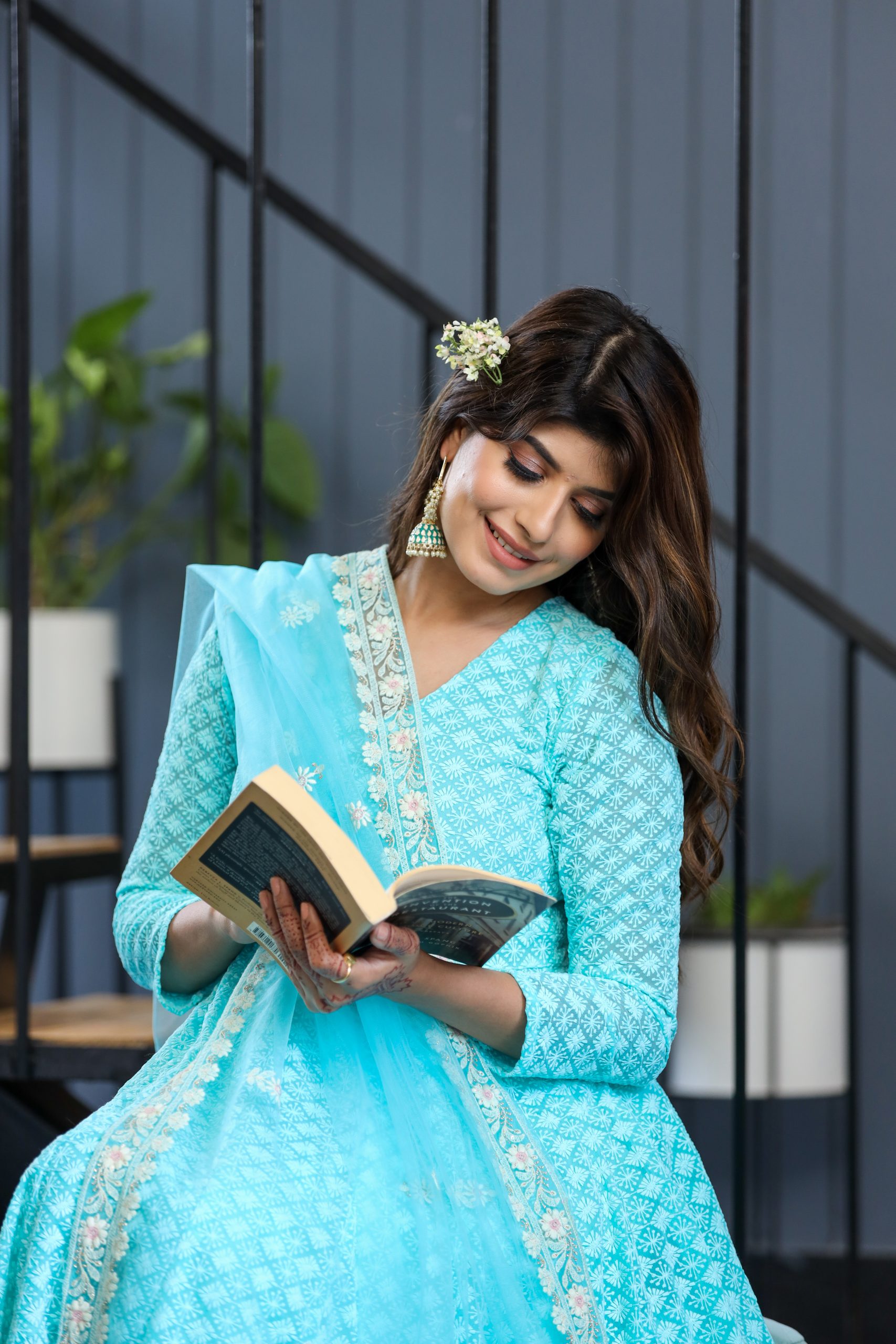Aqua Blue Flared Anarkali Suit Set with Embroidered Net Dupatta - Image 7