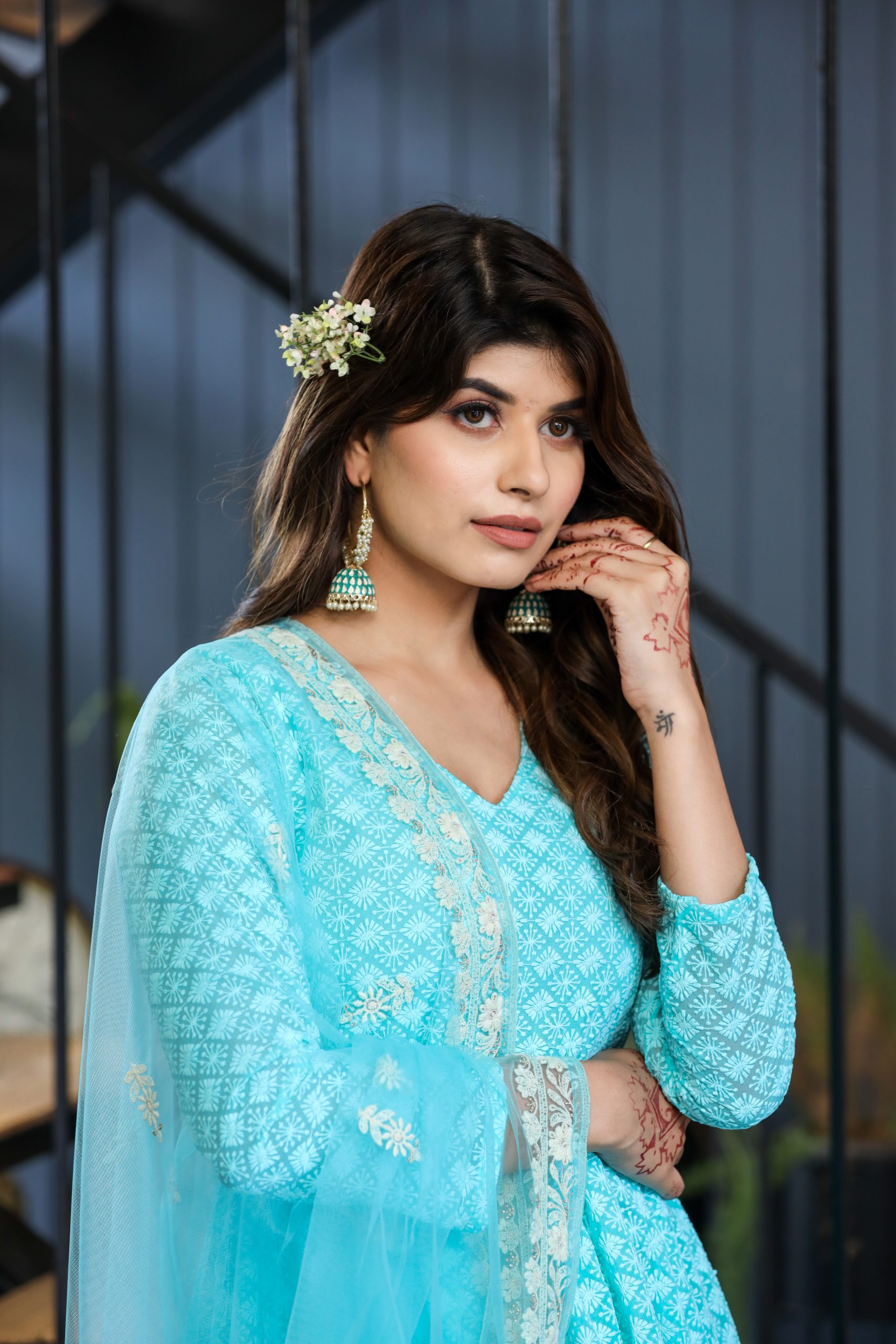 Aqua Blue Flared Anarkali Suit Set with Embroidered Net Dupatta - Image 3