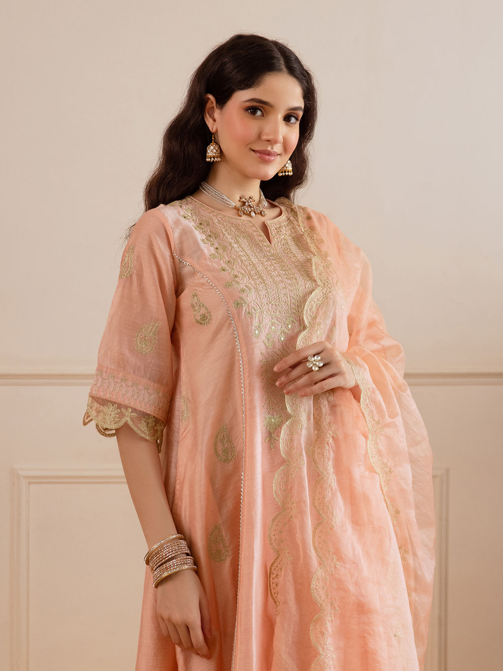 Blush Peach Embroidered Kurta Palazzo Set with Dupatta - Image 4