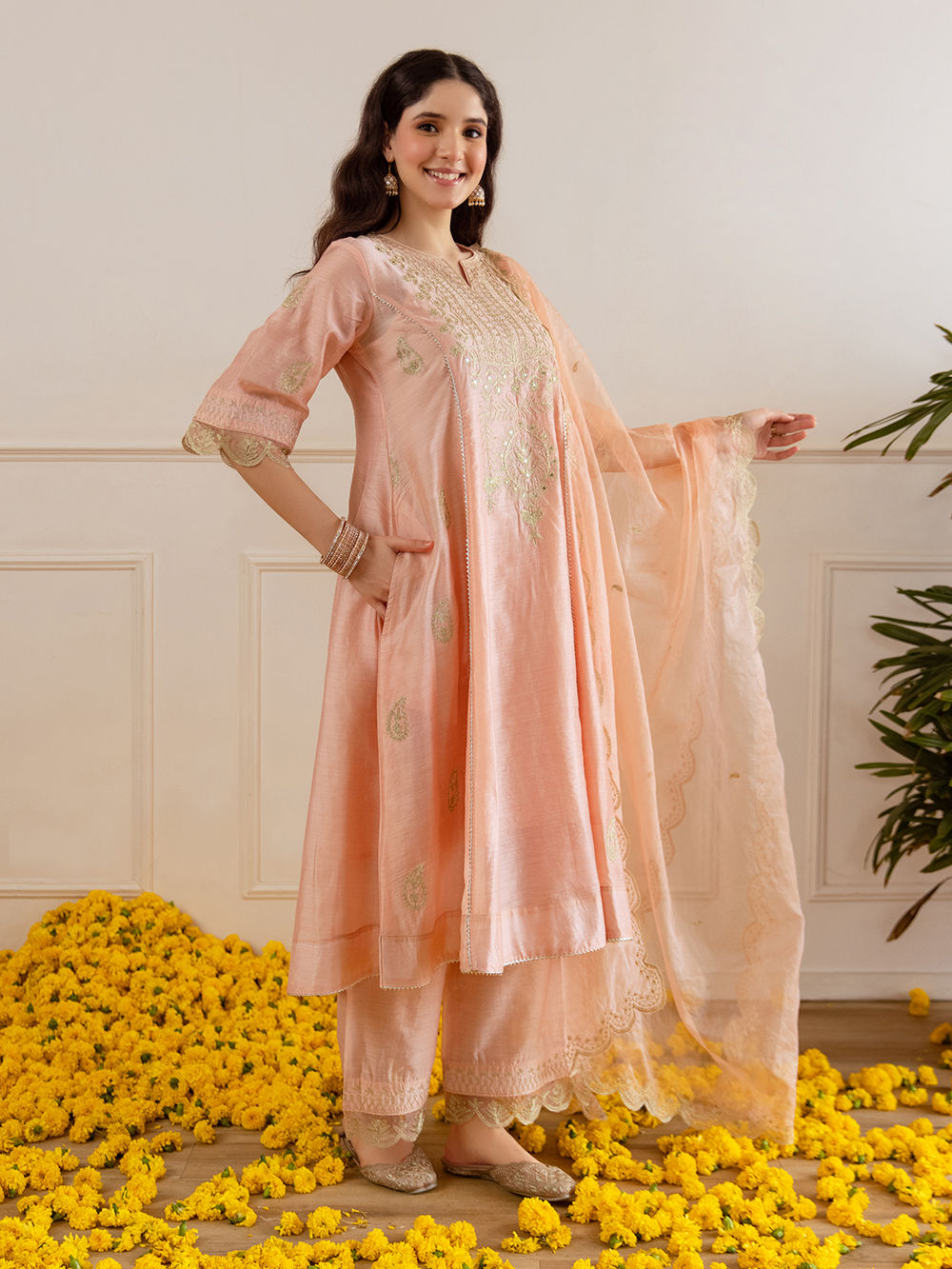 Blush Peach Embroidered Kurta Palazzo Set with Dupatta - Image 2