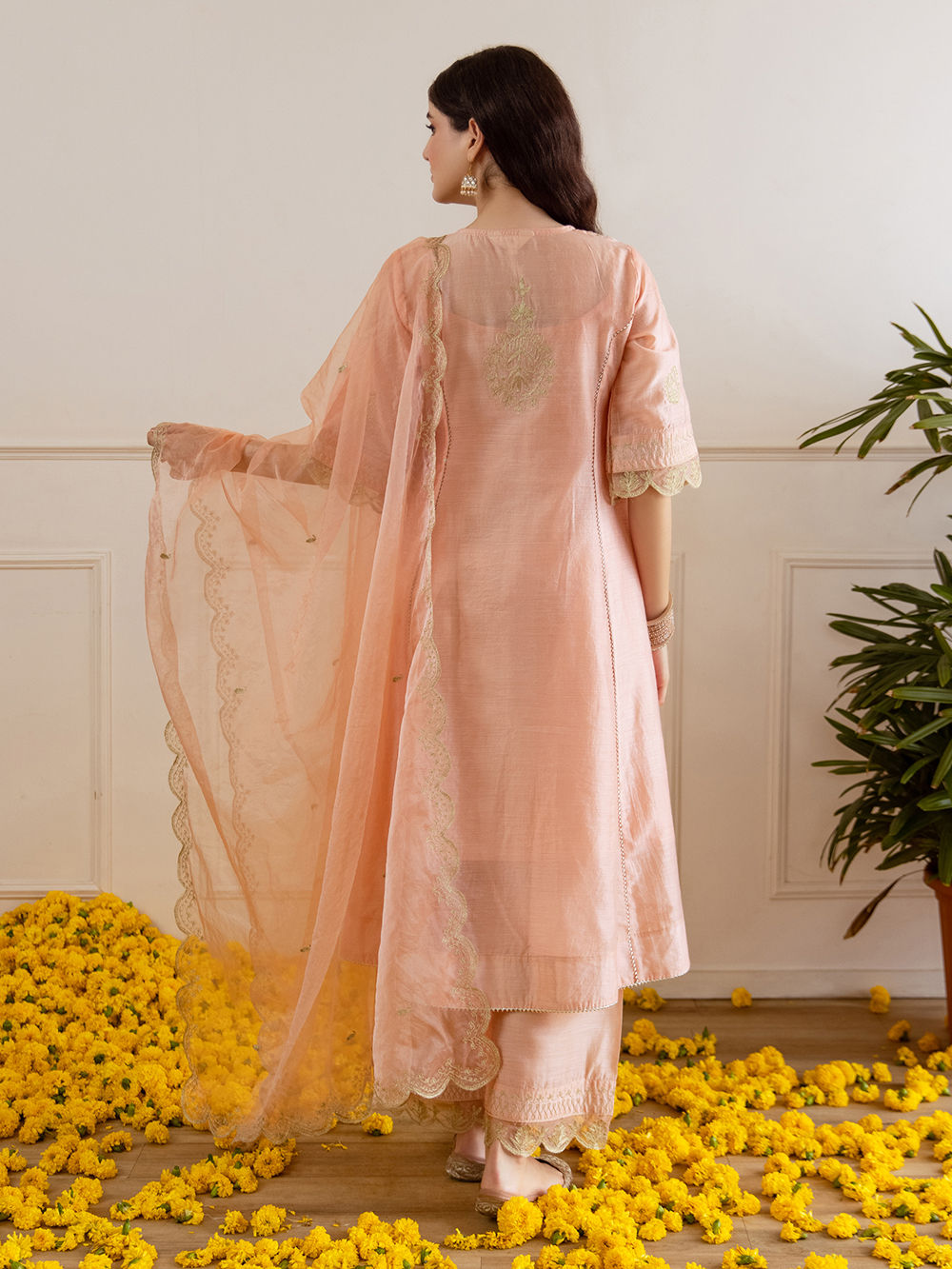 Blush Peach Embroidered Kurta Palazzo Set with Dupatta - Image 3